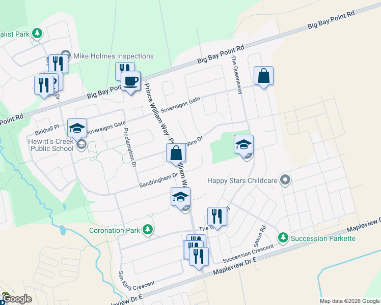 map of restaurants, bars, coffee shops, grocery stores, and more near 75 Prince William Way in Barrie