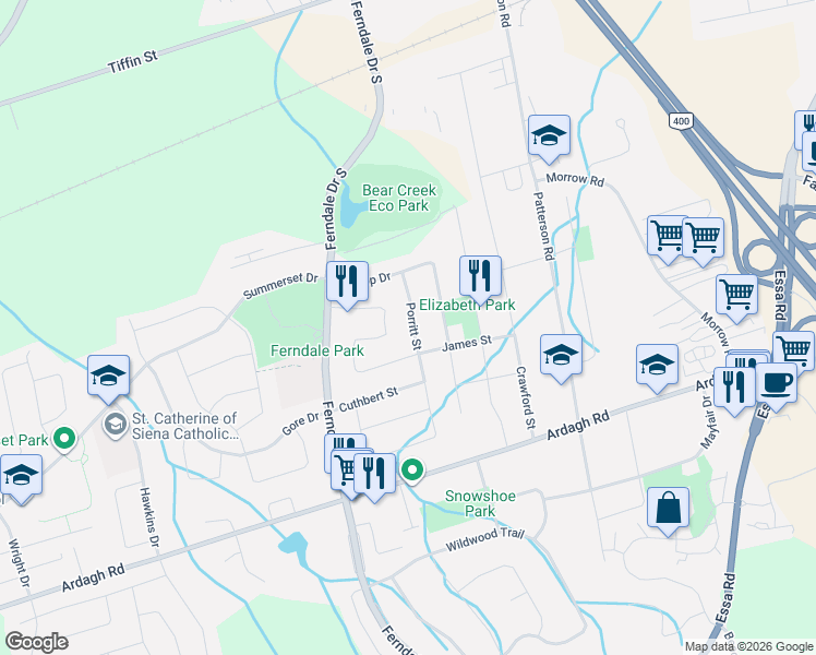 map of restaurants, bars, coffee shops, grocery stores, and more near 110 James Street in Barrie