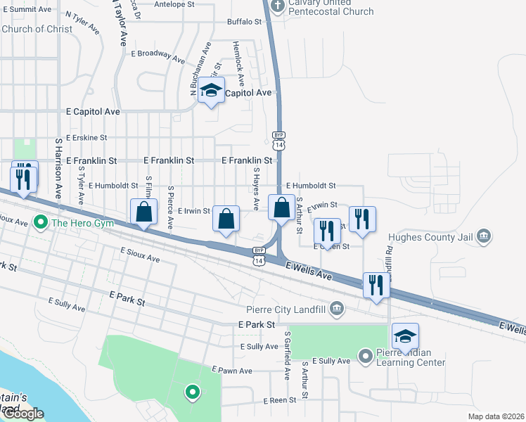 map of restaurants, bars, coffee shops, grocery stores, and more near East Irwin Street in Pierre