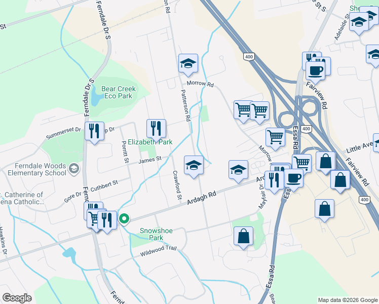 map of restaurants, bars, coffee shops, grocery stores, and more near 156 Patterson Road in Barrie