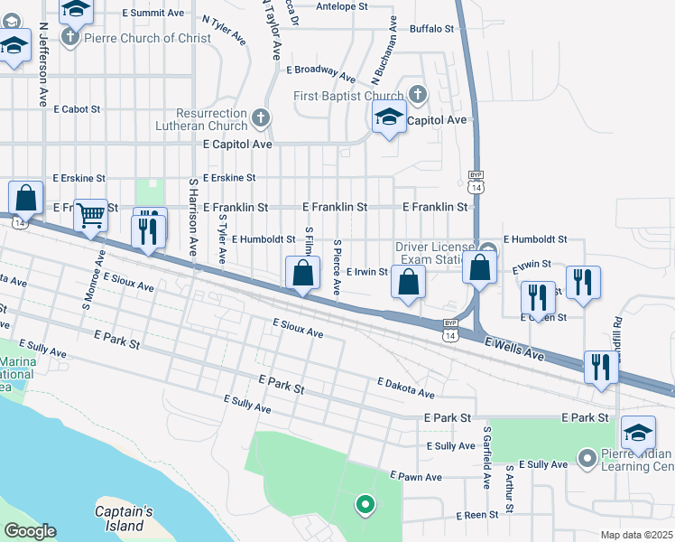 map of restaurants, bars, coffee shops, grocery stores, and more near South Pierce Avenue in Pierre