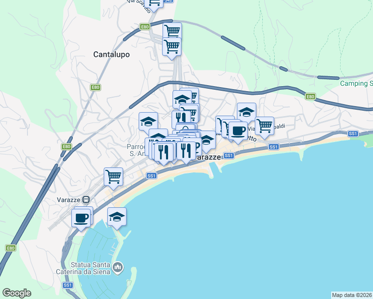 map of restaurants, bars, coffee shops, grocery stores, and more near 10 Via Sant'Ambrogio in Varazze