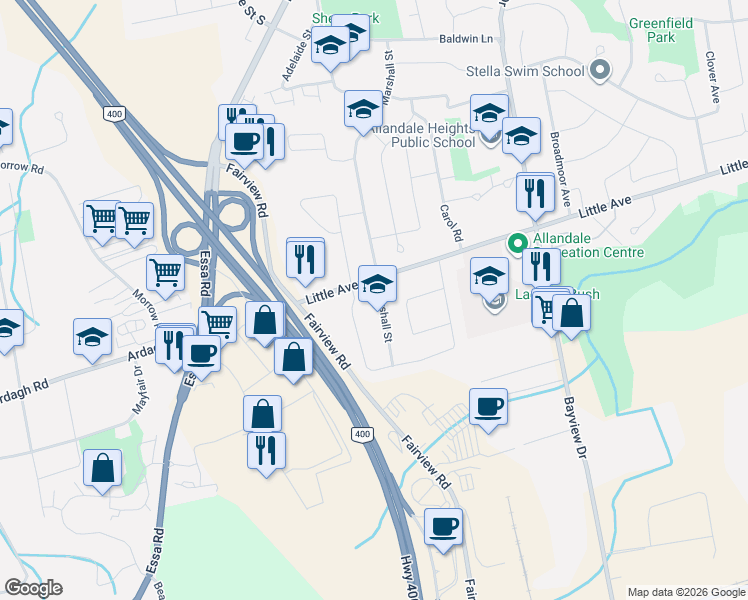 map of restaurants, bars, coffee shops, grocery stores, and more near 98 Marshall Street in Barrie