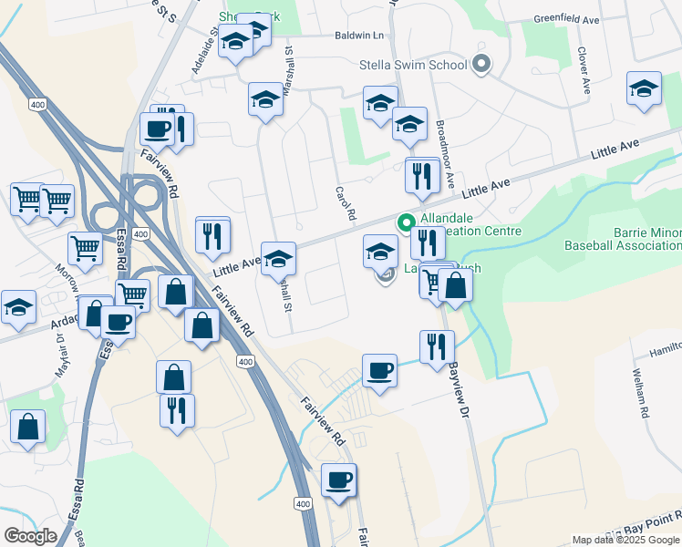 map of restaurants, bars, coffee shops, grocery stores, and more near Chieftain Crescent in Barrie
