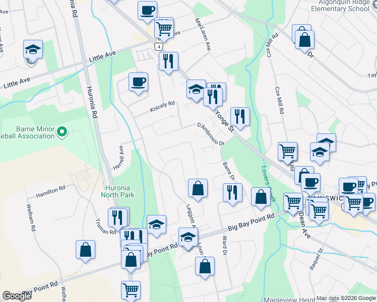 map of restaurants, bars, coffee shops, grocery stores, and more near 85 Copeman Crescent in Barrie