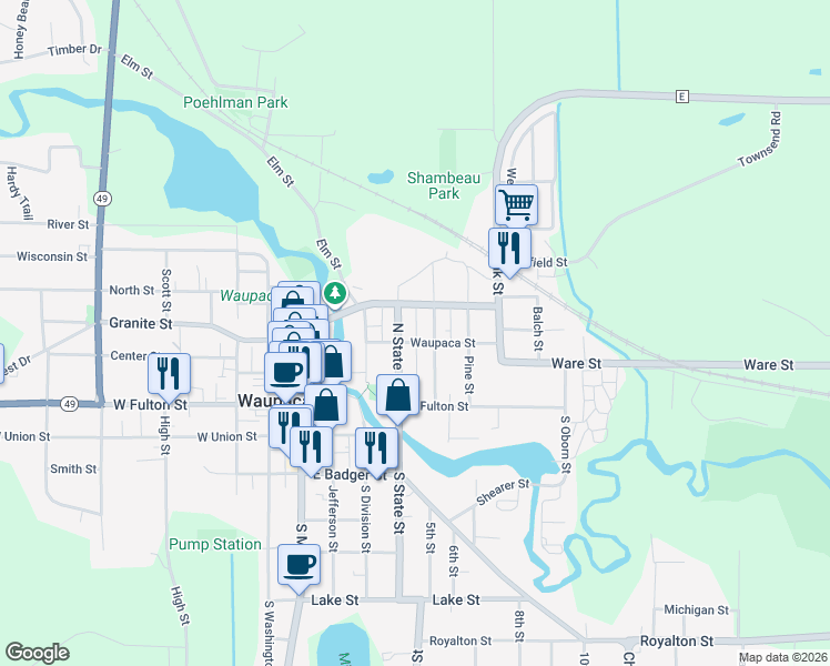 map of restaurants, bars, coffee shops, grocery stores, and more near 441 Waupaca Street in Waupaca