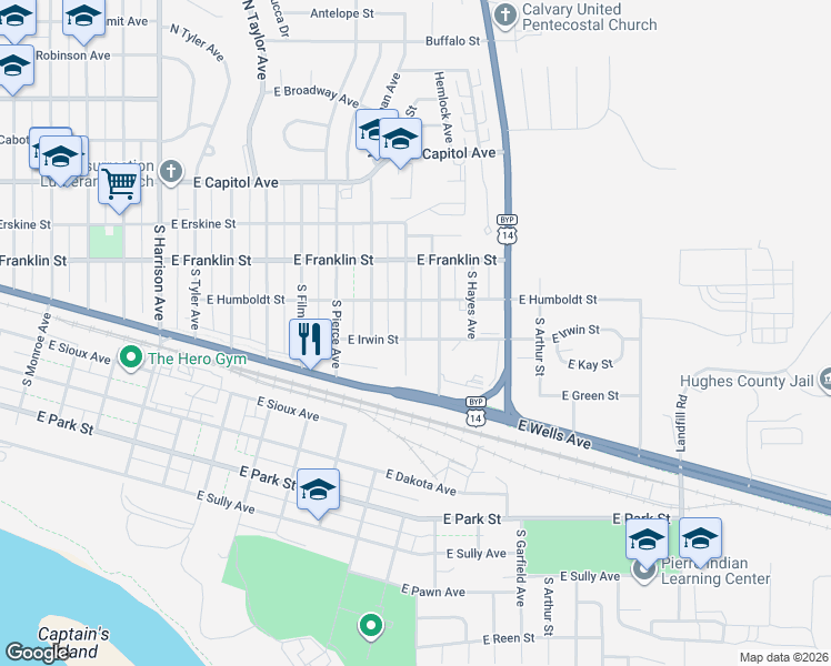 map of restaurants, bars, coffee shops, grocery stores, and more near East Irwin Street in Pierre