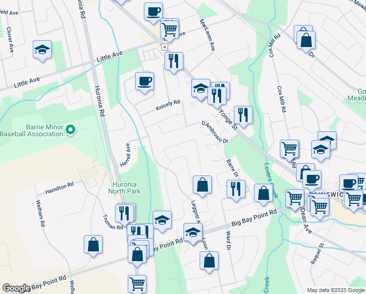 map of restaurants, bars, coffee shops, grocery stores, and more near 26 Moir Crescent in Barrie