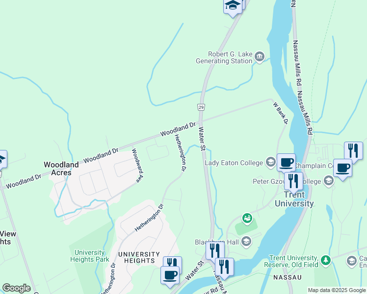 map of restaurants, bars, coffee shops, grocery stores, and more near 1620 Hetherington Drive in Peterborough