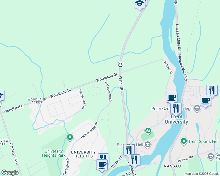map of restaurants, bars, coffee shops, grocery stores, and more near 1620 Hetherington Drive in Peterborough