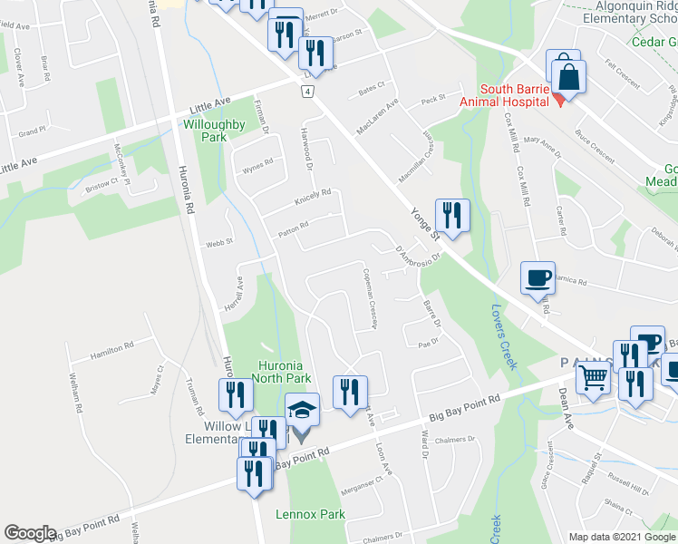 map of restaurants, bars, coffee shops, grocery stores, and more near 26 Moir Crescent in Barrie