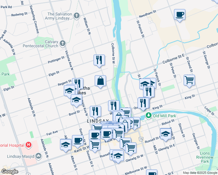 map of restaurants, bars, coffee shops, grocery stores, and more near in Kawartha Lakes