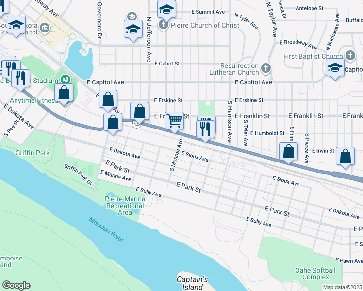 map of restaurants, bars, coffee shops, grocery stores, and more near 1310 East Sioux Avenue in Pierre
