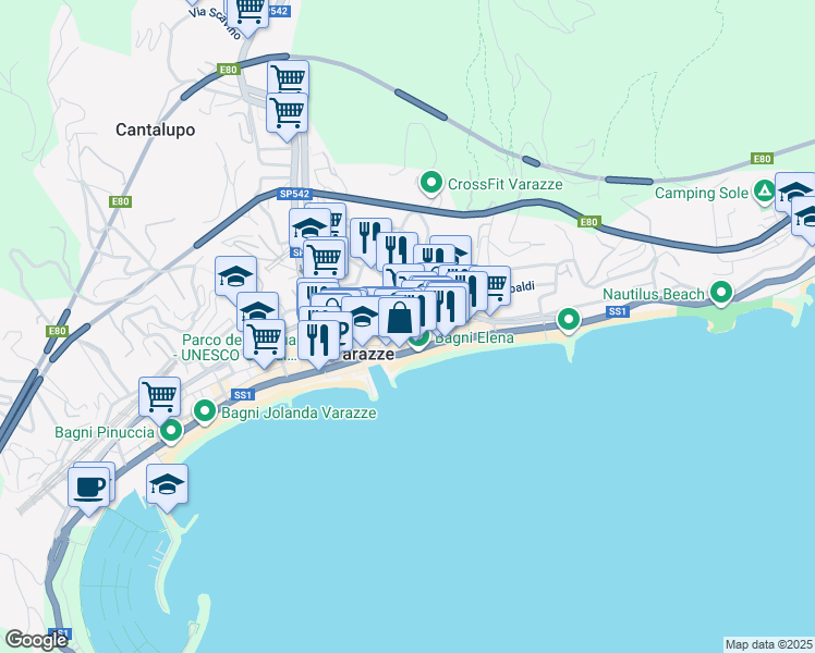 map of restaurants, bars, coffee shops, grocery stores, and more near Via Ciarli in Varazze