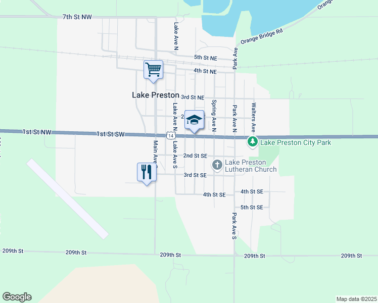 map of restaurants, bars, coffee shops, grocery stores, and more near 200-298 Fremont Avenue South in Lake Preston