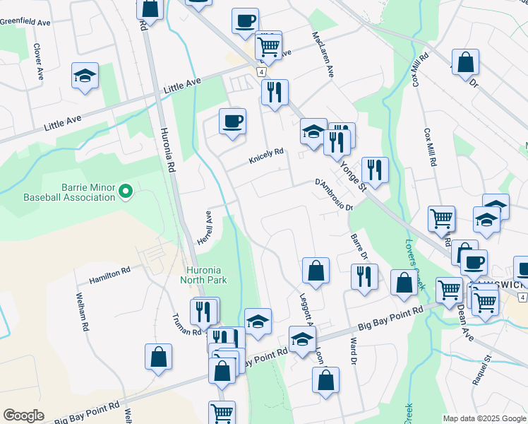 map of restaurants, bars, coffee shops, grocery stores, and more near 26 Copeman Crescent in Barrie