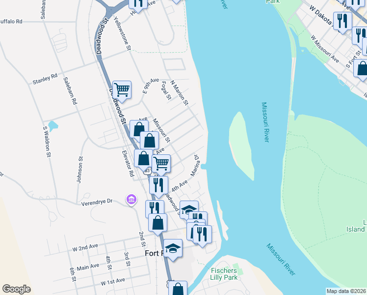 map of restaurants, bars, coffee shops, grocery stores, and more near Center Lane in Fort Pierre