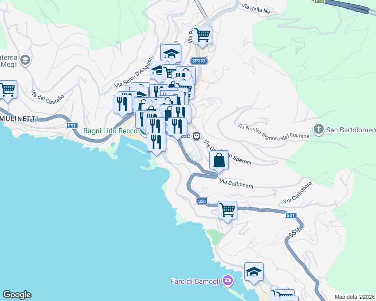 map of restaurants, bars, coffee shops, grocery stores, and more near 8 Via Valleverde in Recco