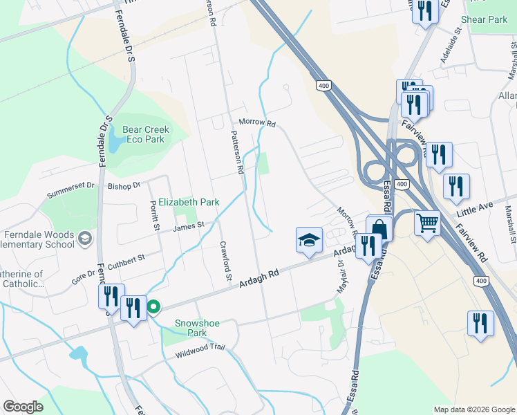 map of restaurants, bars, coffee shops, grocery stores, and more near 40 Moon Drive in Barrie