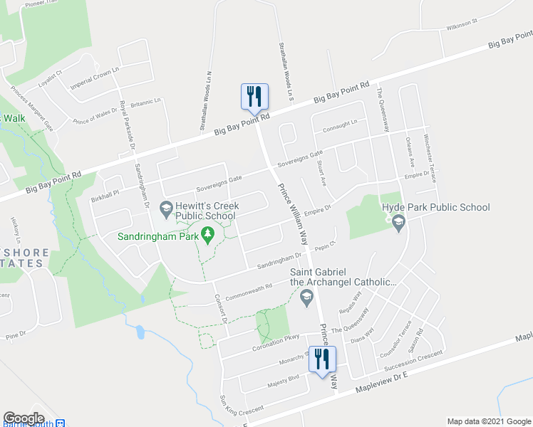 map of restaurants, bars, coffee shops, grocery stores, and more near 52 Parisian Crescent in Barrie