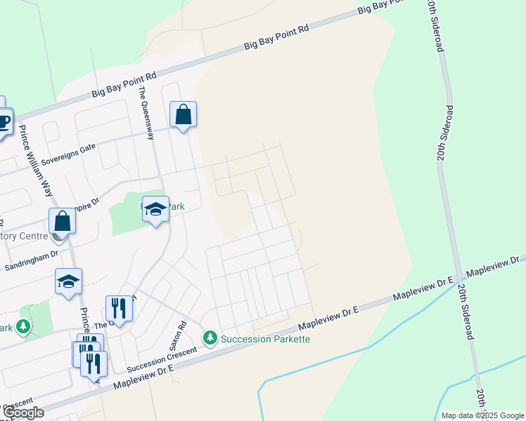 map of restaurants, bars, coffee shops, grocery stores, and more near 37 Winchester Terrace in Barrie