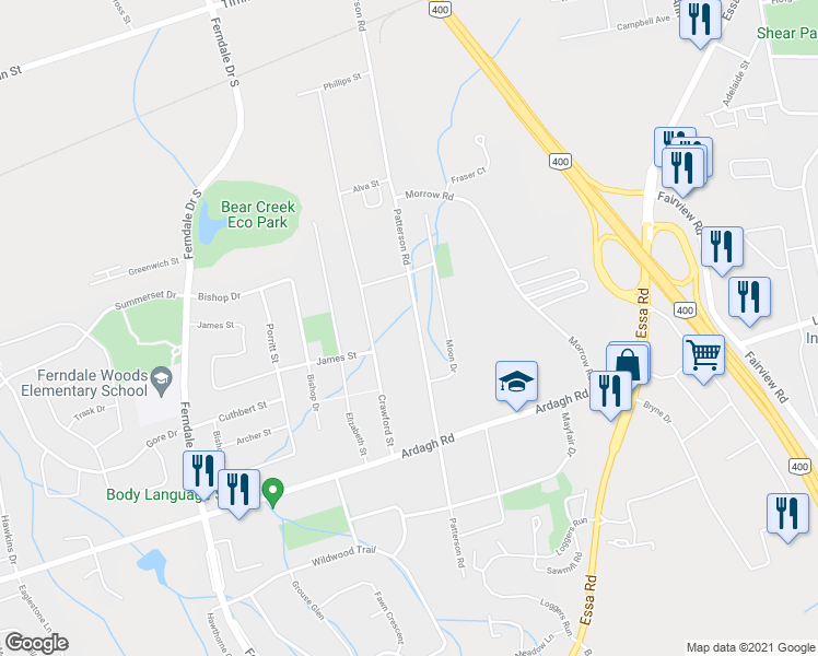 map of restaurants, bars, coffee shops, grocery stores, and more near 148 Patterson Road in Barrie