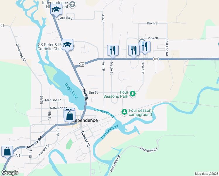 map of restaurants, bars, coffee shops, grocery stores, and more near 35846 Maple Street in Independence