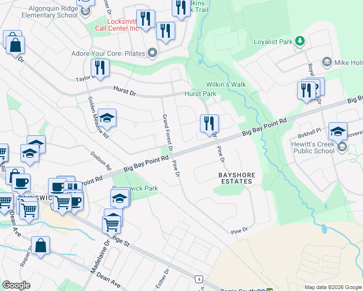 map of restaurants, bars, coffee shops, grocery stores, and more near 46 Kell Place in Barrie