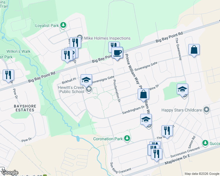 map of restaurants, bars, coffee shops, grocery stores, and more near 27 Spencer Drive in Barrie