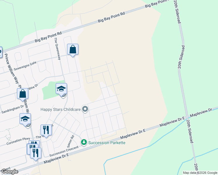 map of restaurants, bars, coffee shops, grocery stores, and more near 20 Ludlow Drive in Barrie