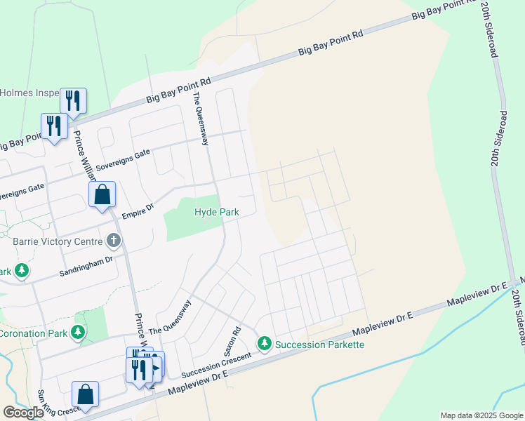 map of restaurants, bars, coffee shops, grocery stores, and more near 37 Winchester Terrace in Barrie