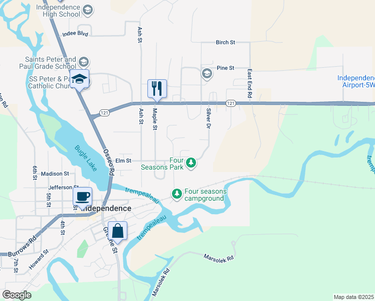 map of restaurants, bars, coffee shops, grocery stores, and more near 23298 Elm Street in Independence