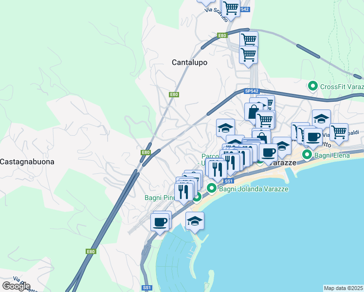 map of restaurants, bars, coffee shops, grocery stores, and more near A10 Genova - Ventimiglia in Varazze