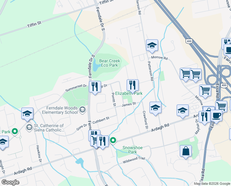 map of restaurants, bars, coffee shops, grocery stores, and more near 17 Porritt Street in Barrie
