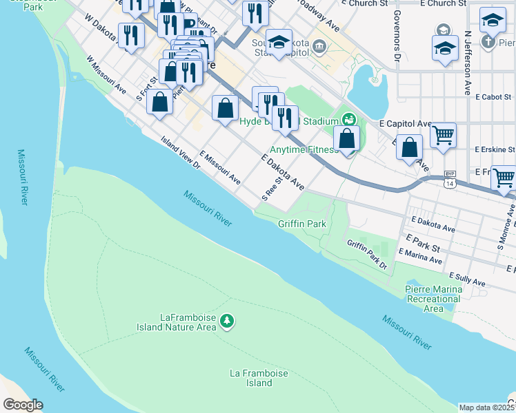 map of restaurants, bars, coffee shops, grocery stores, and more near 1127 South Ree Street in Pierre