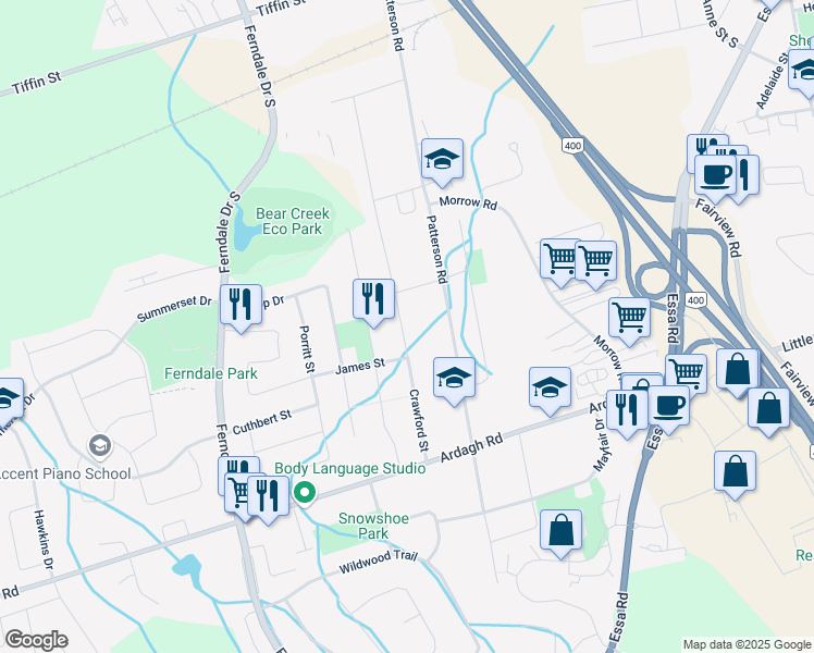 map of restaurants, bars, coffee shops, grocery stores, and more near 256 Crawford Street in Barrie
