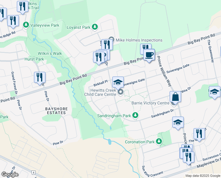 map of restaurants, bars, coffee shops, grocery stores, and more near 28 Sandringham Drive in Barrie