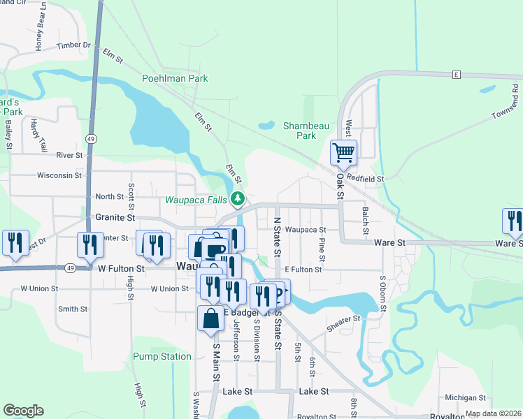 map of restaurants, bars, coffee shops, grocery stores, and more near 304 Water Street in Waupaca