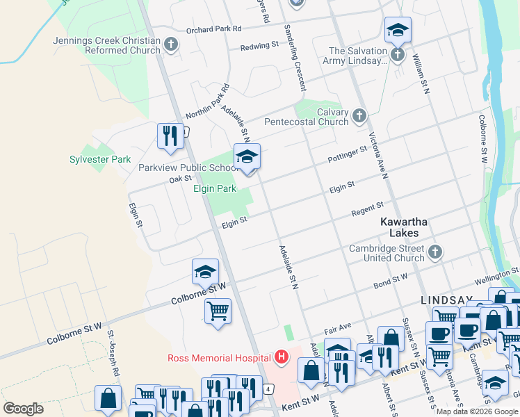 map of restaurants, bars, coffee shops, grocery stores, and more near in Kawartha Lakes