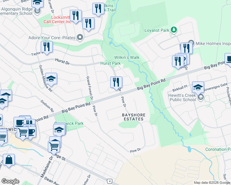map of restaurants, bars, coffee shops, grocery stores, and more near 11 Bedford Estates Crescent in Barrie