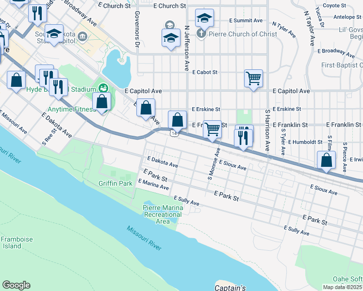 map of restaurants, bars, coffee shops, grocery stores, and more near South Jefferson Avenue in Pierre