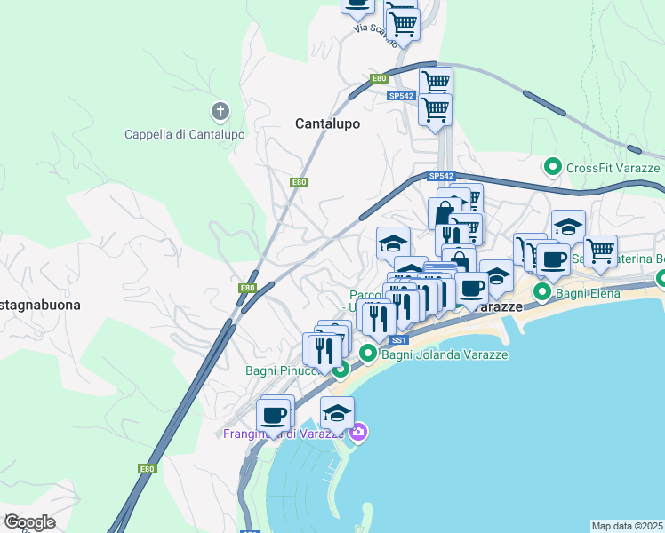 map of restaurants, bars, coffee shops, grocery stores, and more near 22 Via Nuova Cantalupo in Varazze