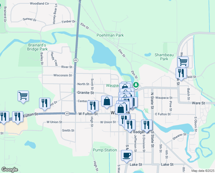map of restaurants, bars, coffee shops, grocery stores, and more near 311 North Street in Waupaca
