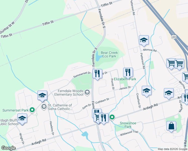 map of restaurants, bars, coffee shops, grocery stores, and more near 7 Bishop Drive in Barrie