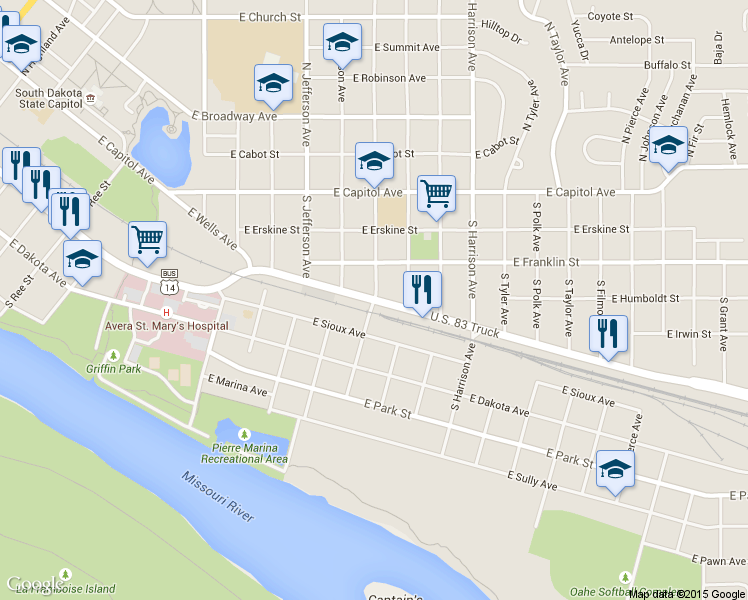 map of restaurants, bars, coffee shops, grocery stores, and more near South Monroe Avenue in Pierre