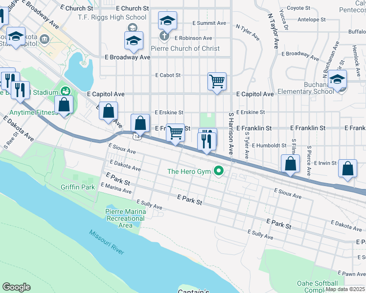 map of restaurants, bars, coffee shops, grocery stores, and more near South Monroe Avenue in Pierre