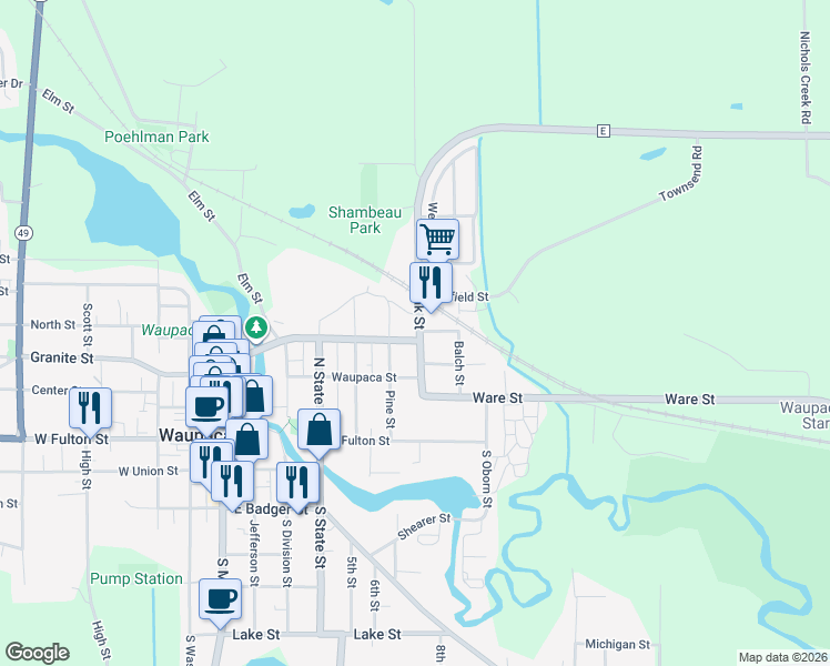 map of restaurants, bars, coffee shops, grocery stores, and more near 407 Oak Street in Waupaca