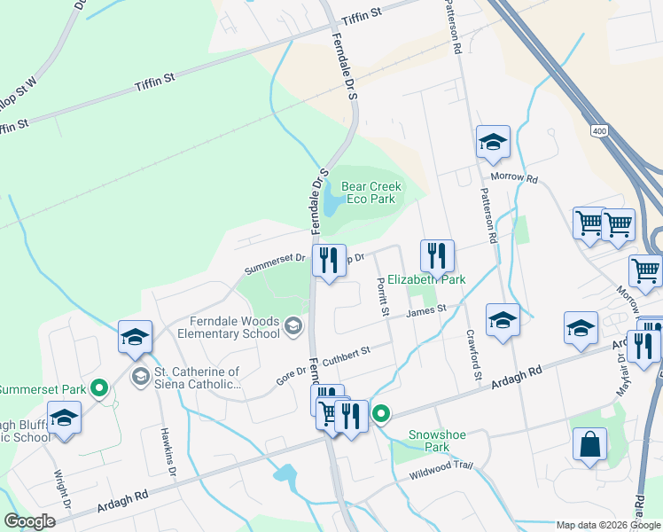 map of restaurants, bars, coffee shops, grocery stores, and more near 7 Bishop Drive in Barrie