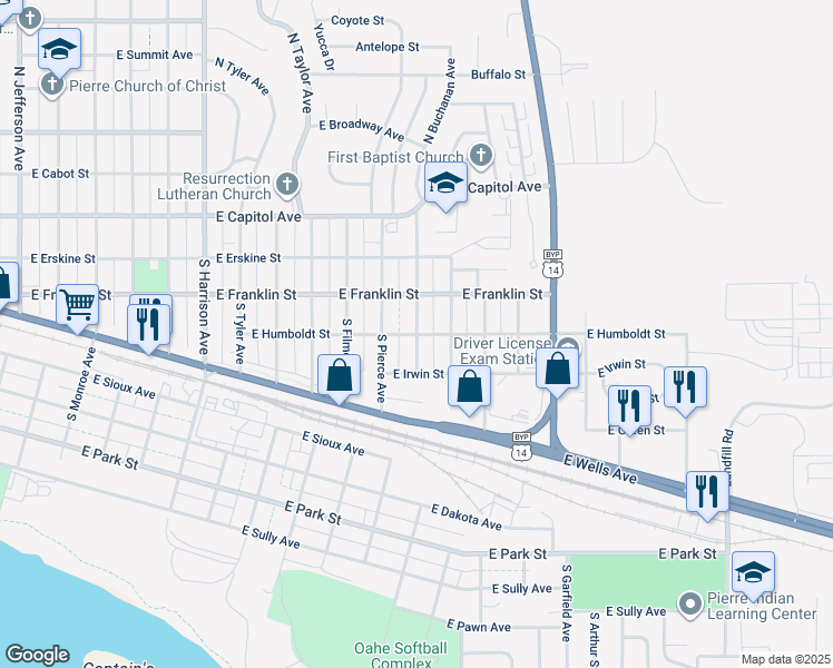 map of restaurants, bars, coffee shops, grocery stores, and more near 2200 East Humboldt Street in Pierre