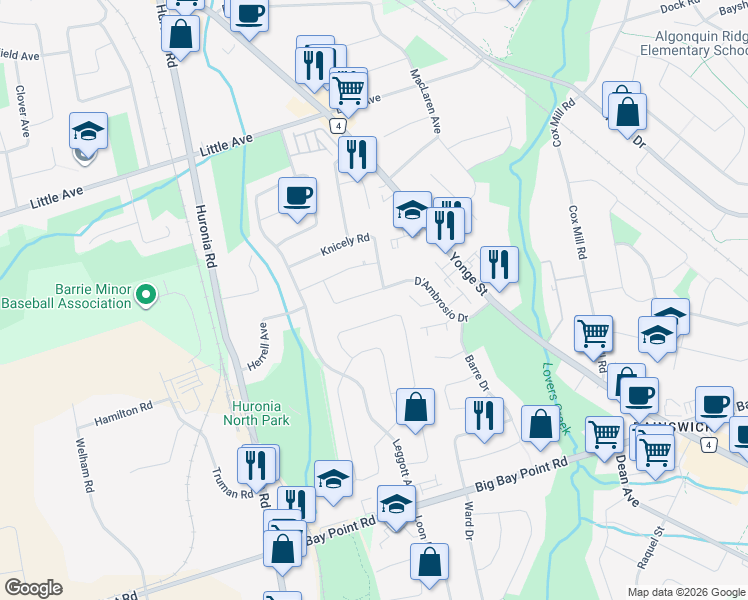 map of restaurants, bars, coffee shops, grocery stores, and more near 53 D'Ambrosio Drive in Barrie